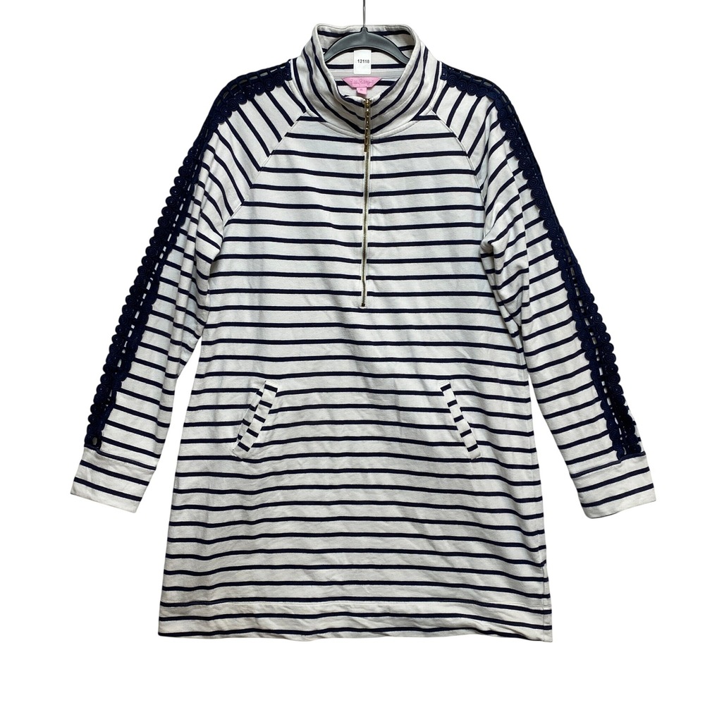 Lilly Pulitzer Pullover WomenS XL White Navy Striped Half Zip Lace Trim Top